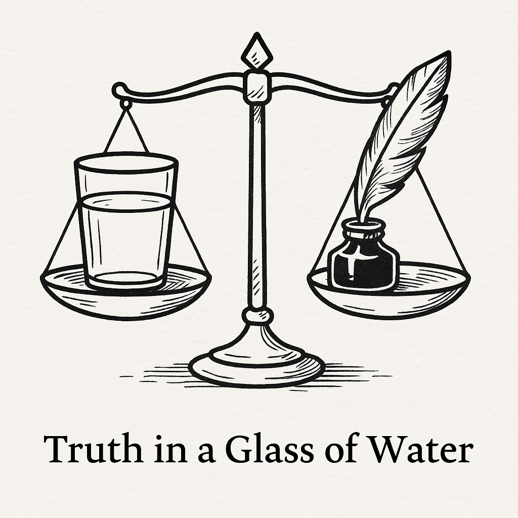 Illustration of a justice scale with a glass of water on one side and a feather dipped in ink on the other – symbolizing the balance between truth and creativity in copywriting.