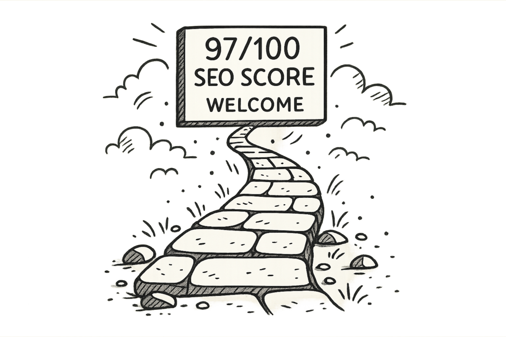 Sketch of a road sign pointing to paradise – a visual metaphor for the divine struggle of SEO salvation.